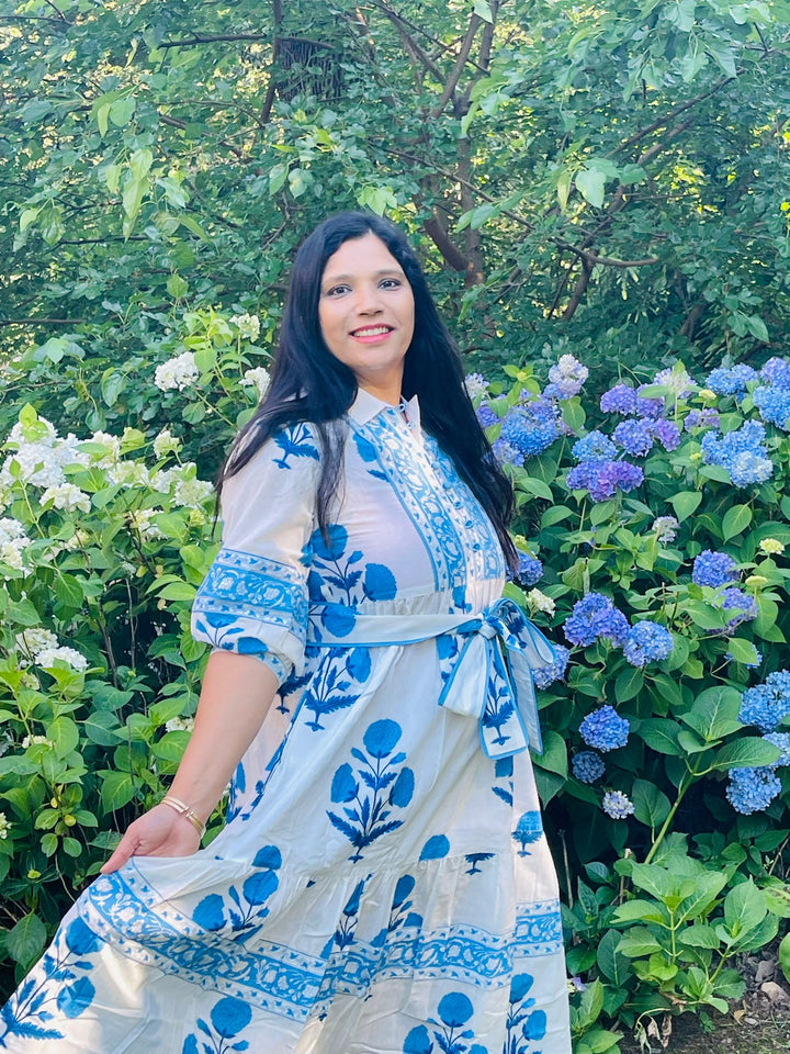 Blue Block Printed Midi Dress