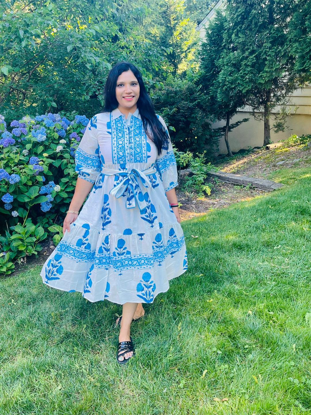 Blue Block Printed Midi Dress