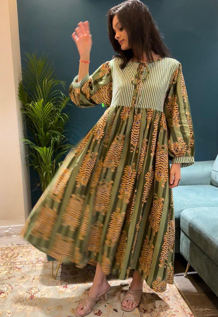 Tiger Block Printed Midi Dress - Blue