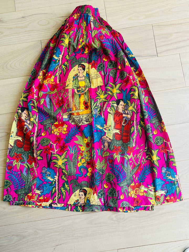 Hand Block Print Pink Frida Kahlo Cotton Skirt