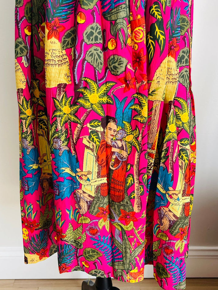 Hand Block Print Pink Frida Kahlo Cotton Skirt