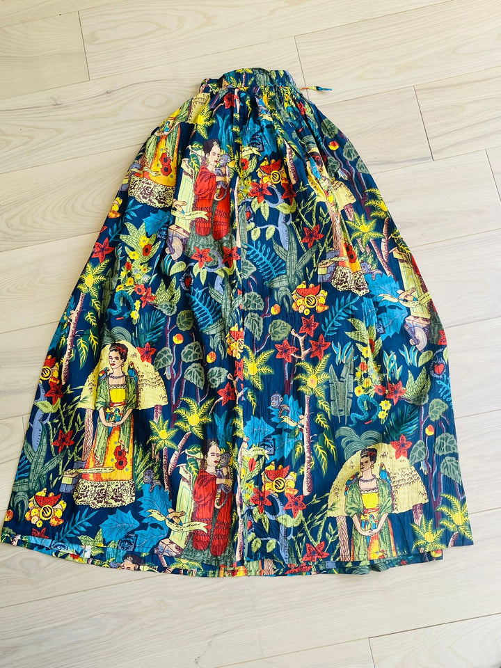 Hand Block Print Blue Frida Kahlo Cotton Skirt