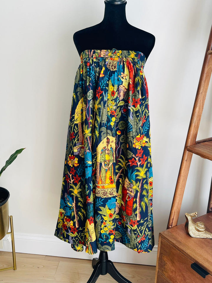 Hand Block Print Blue Frida Kahlo Cotton Skirt