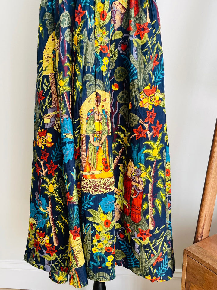 Hand Block Print Blue Frida Kahlo Cotton Skirt