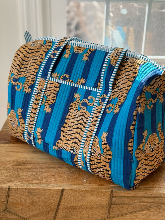 Block Printed Blue Duffel Bag