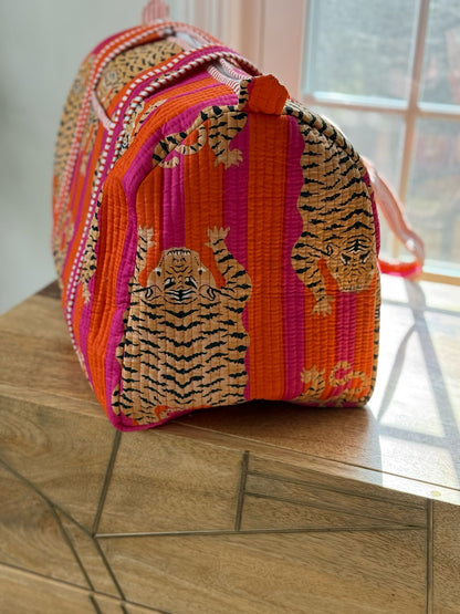 Block Printed Orange Duffle Bag