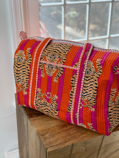 Block Printed Orange Duffle Bag