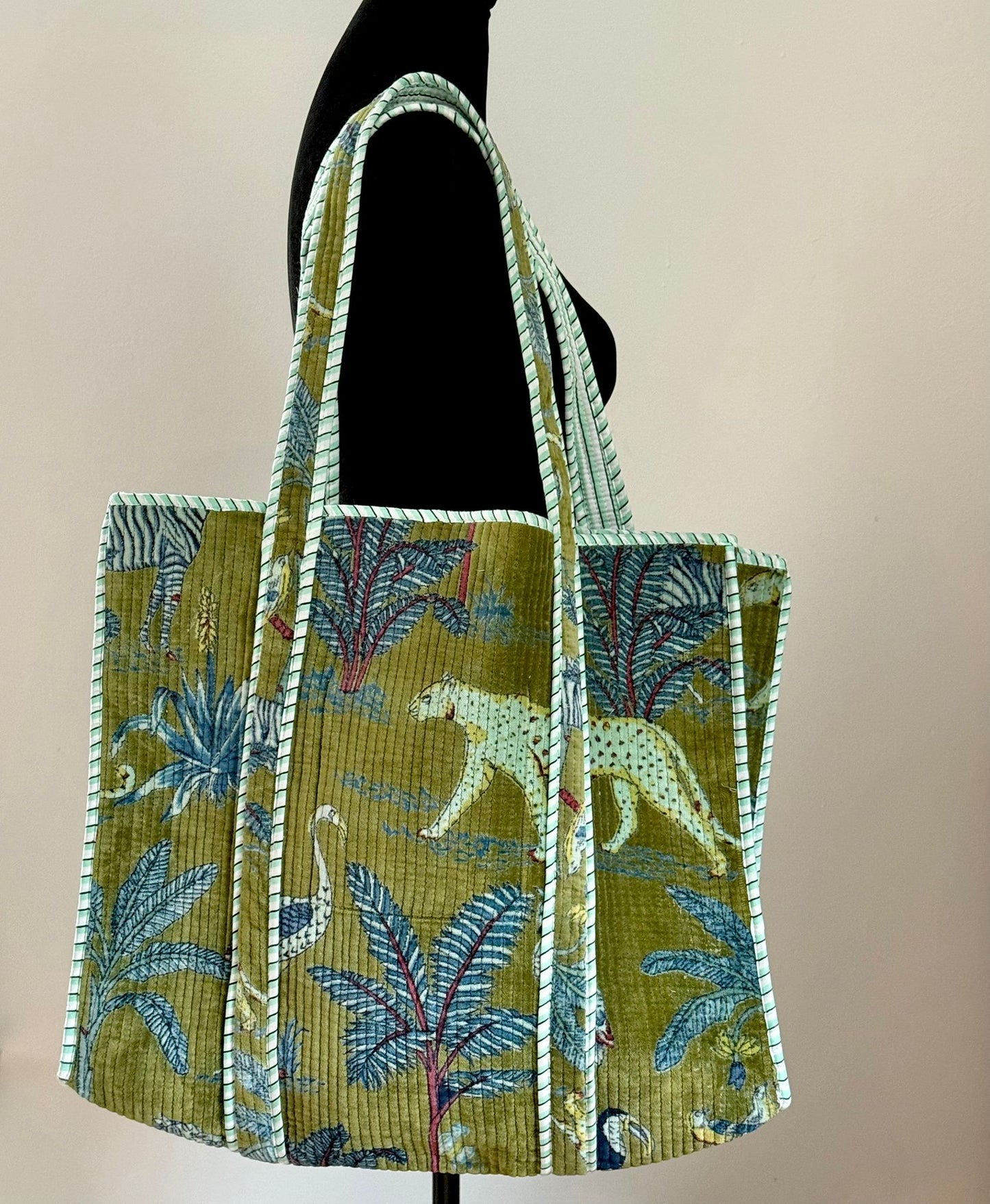 Velvet Block Printed Green Jungle Tote Bag