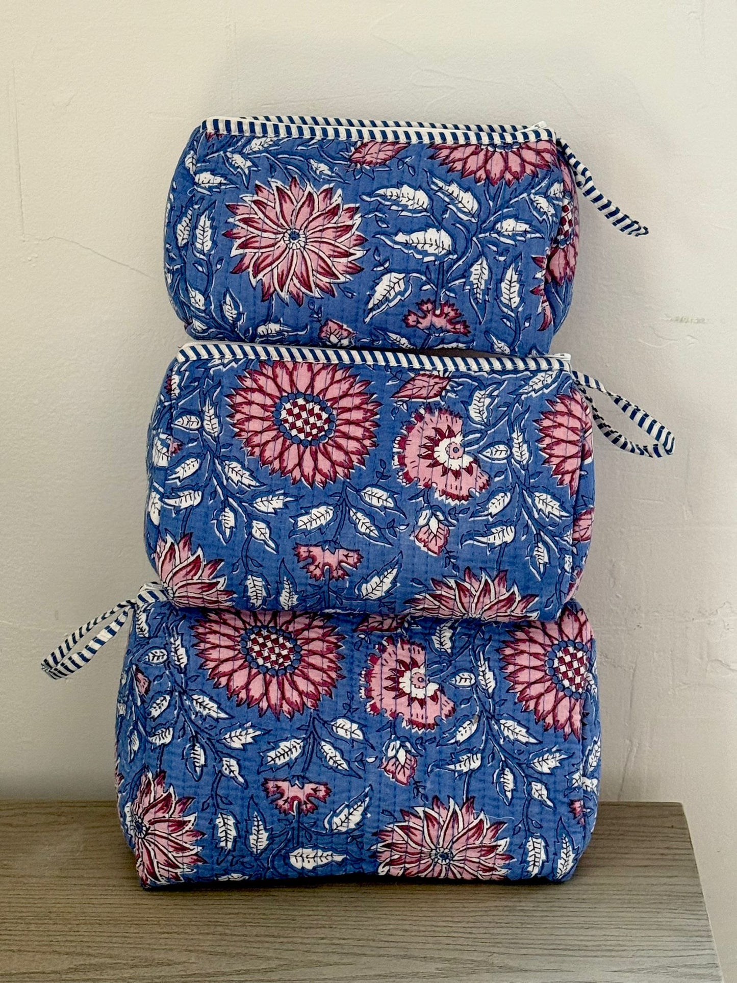 Blue Floral Block Printed Toiletry Bag - Set of 3 