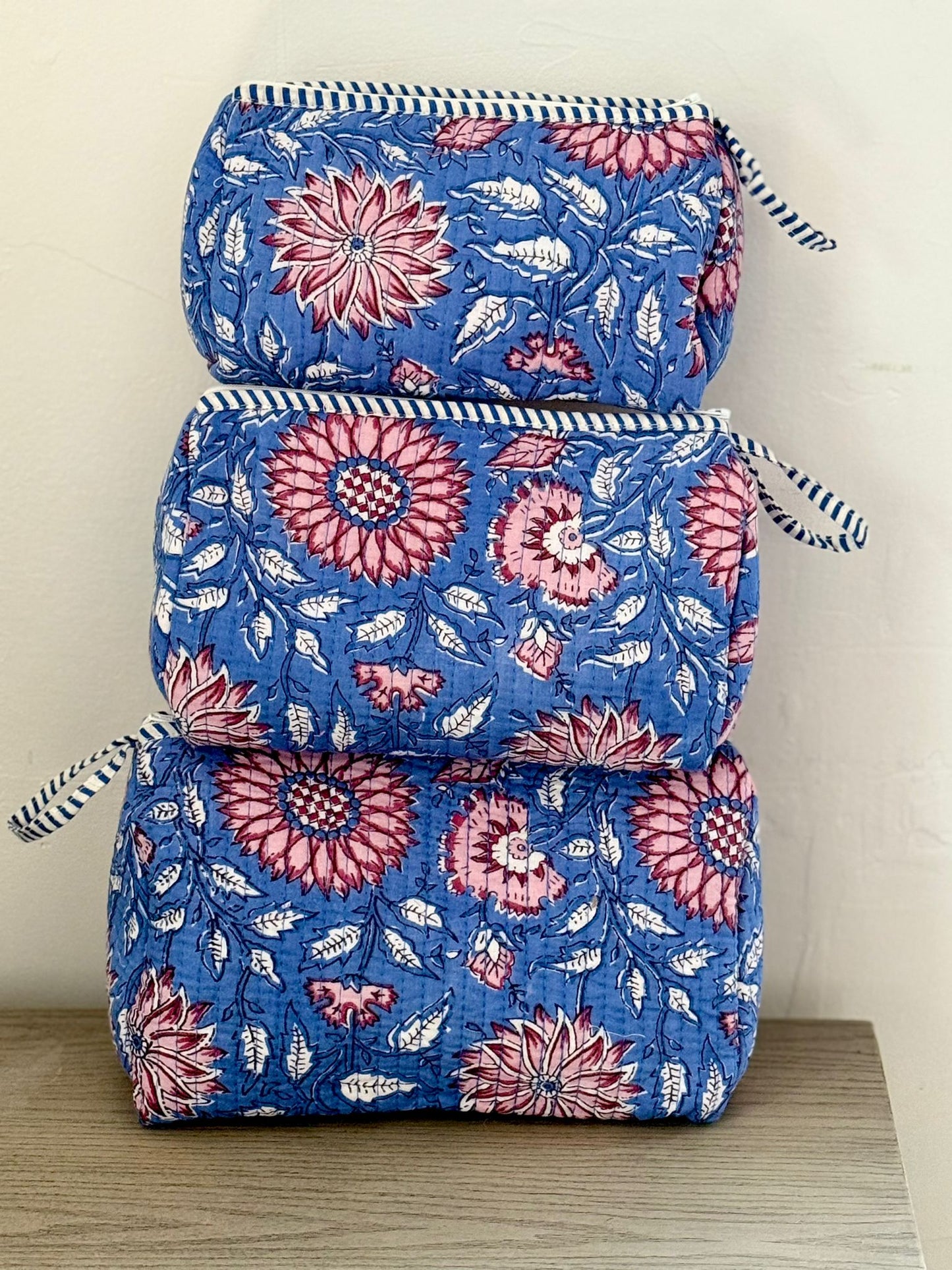 Blue Floral Block Printed Toiletry Bag - Set of 3 