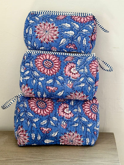 Blue Floral Block Printed Toiletry Bag - Set of 3 