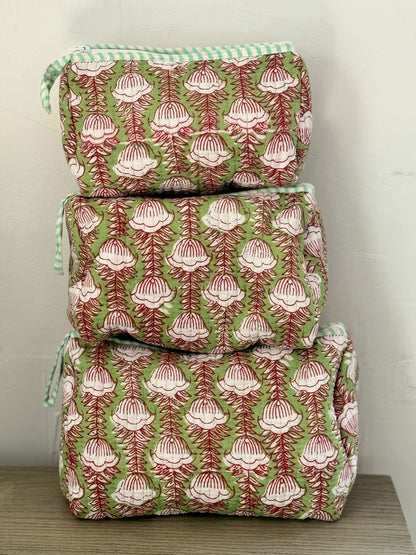 Green Block Printed Toiletry Bag - Set of 3 