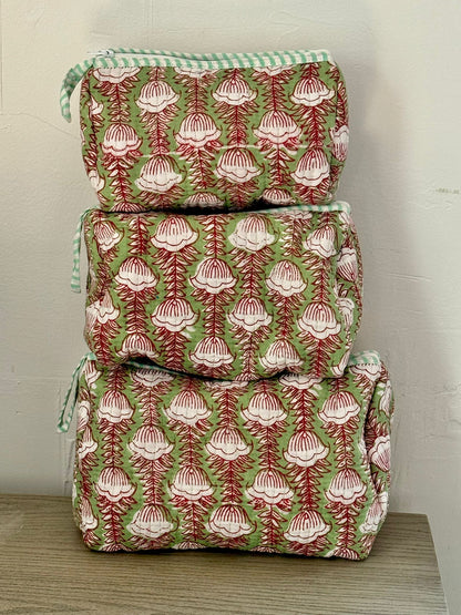 Green Block Printed Toiletry Bag - Set of 3 
