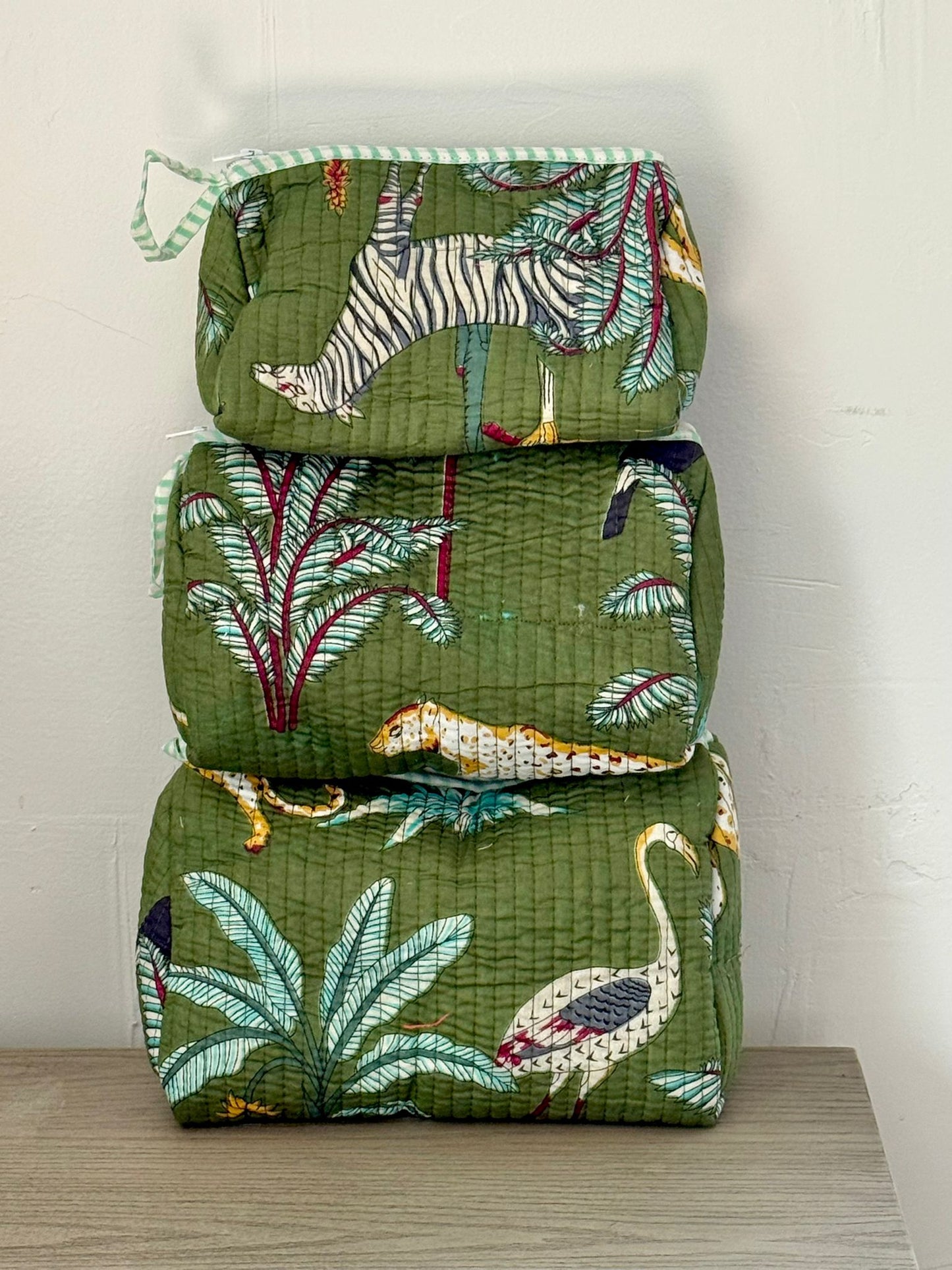 Green Jungle Block Printed Toiletry Bag - Set of 3 