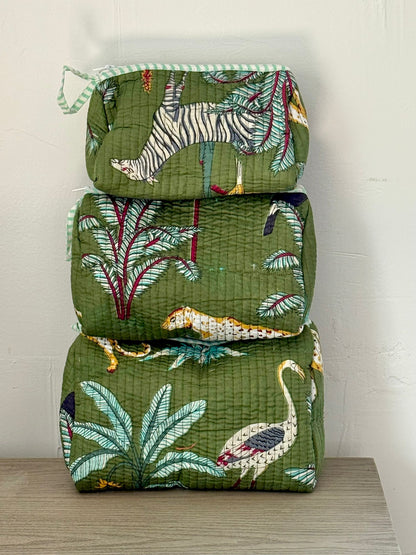 Green Jungle Block Printed Toiletry Bag - Set of 3 