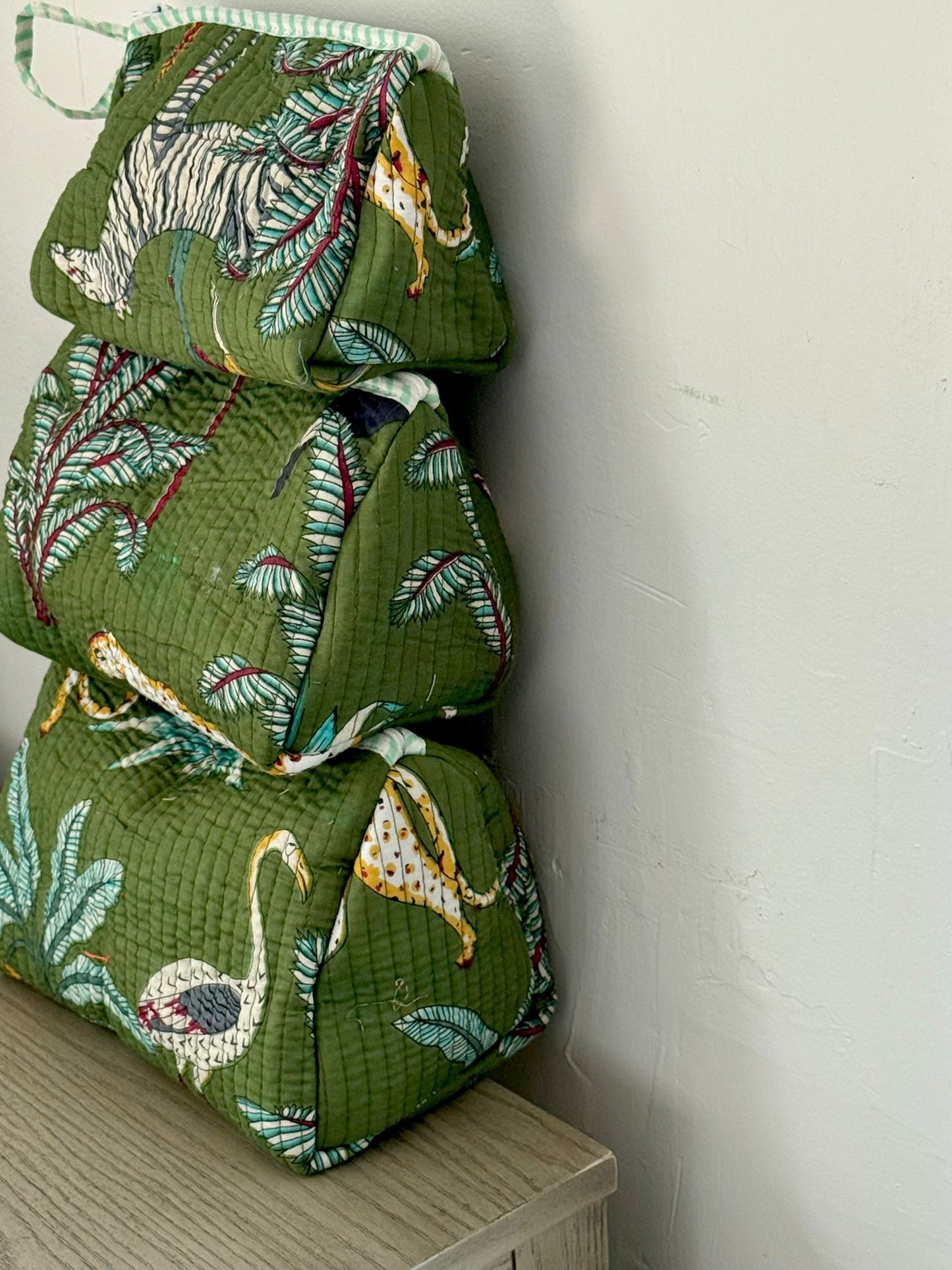 Green Jungle Block Printed Toiletry Bag - Set of 3 