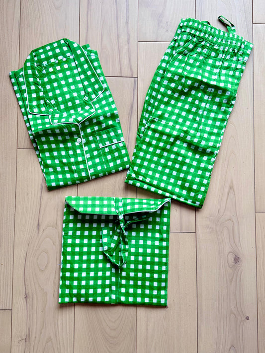Organic Cotton Green Checkered Pajama Set For Women's Loungewear, Soft Nightwear