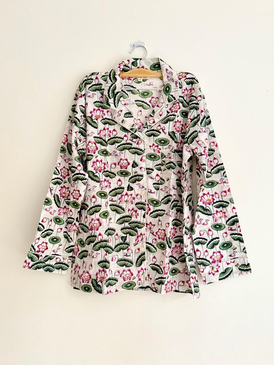 Handblock Print 100% Cotton Pajama Set for Women, Pink Lotus Botanical Sleepwear & Loungewear