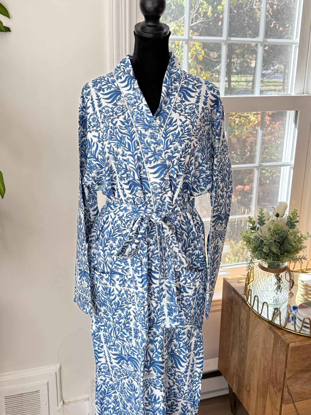 Periwinkle Blue Cotton Kimono Bathrobe | Vintage Floral Damask Motif Spa & Lounge Wrap