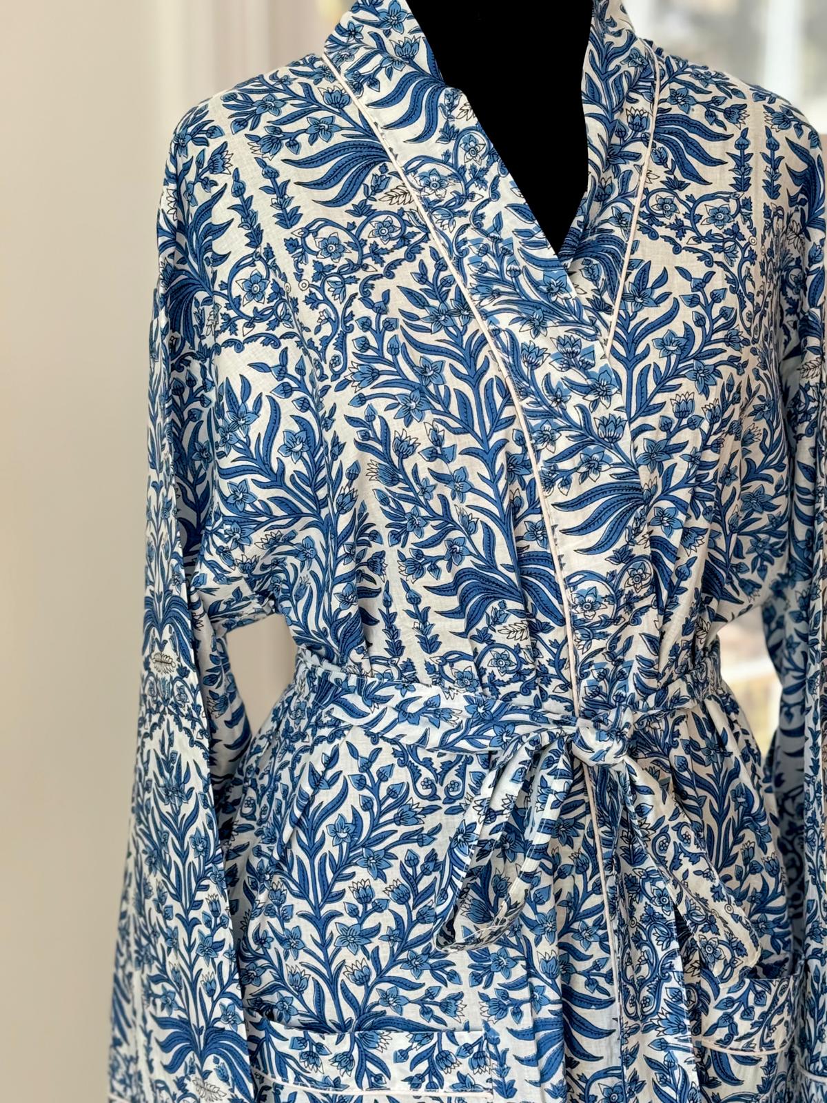 Periwinkle Blue Cotton Kimono Bathrobe | Vintage Floral Damask Motif Spa & Lounge Wrap