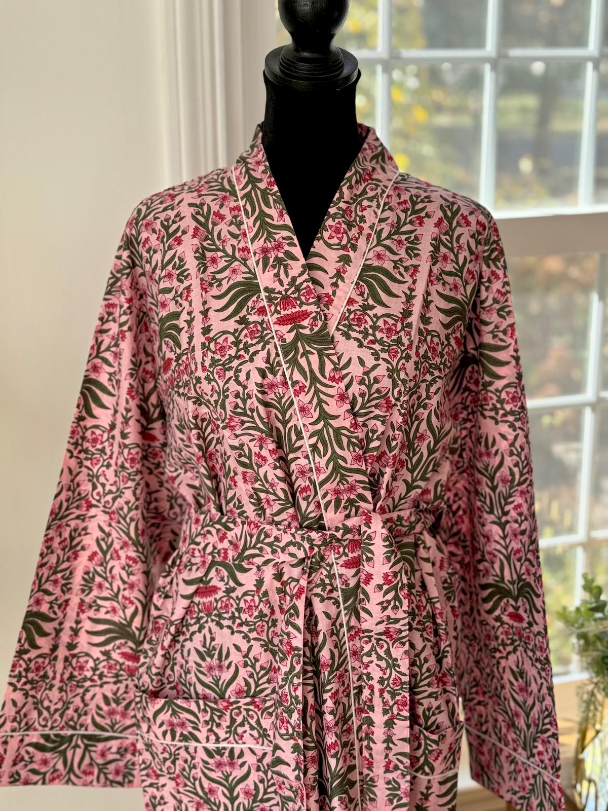 Dusty Rose Cotton Kimono Bathrobe | Olive Green Botanical Floral Motif Lounge & Spa Dress