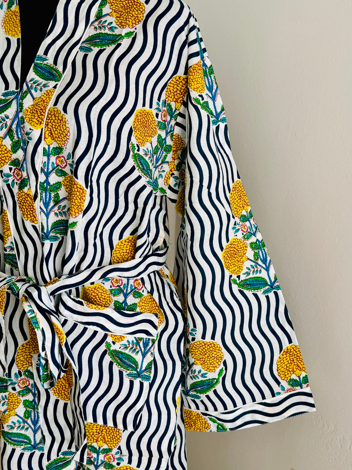 Yellow Marigold Floral Print Cotton Kimono | Navy Wavy Stripe Block Spa Robe & Resort Wear