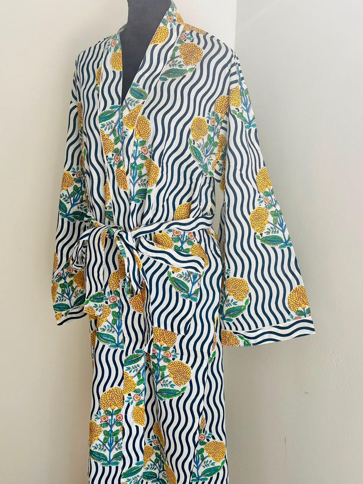 Yellow Marigold Floral Print Cotton Kimono | Navy Wavy Stripe Block Spa Robe & Resort Wear