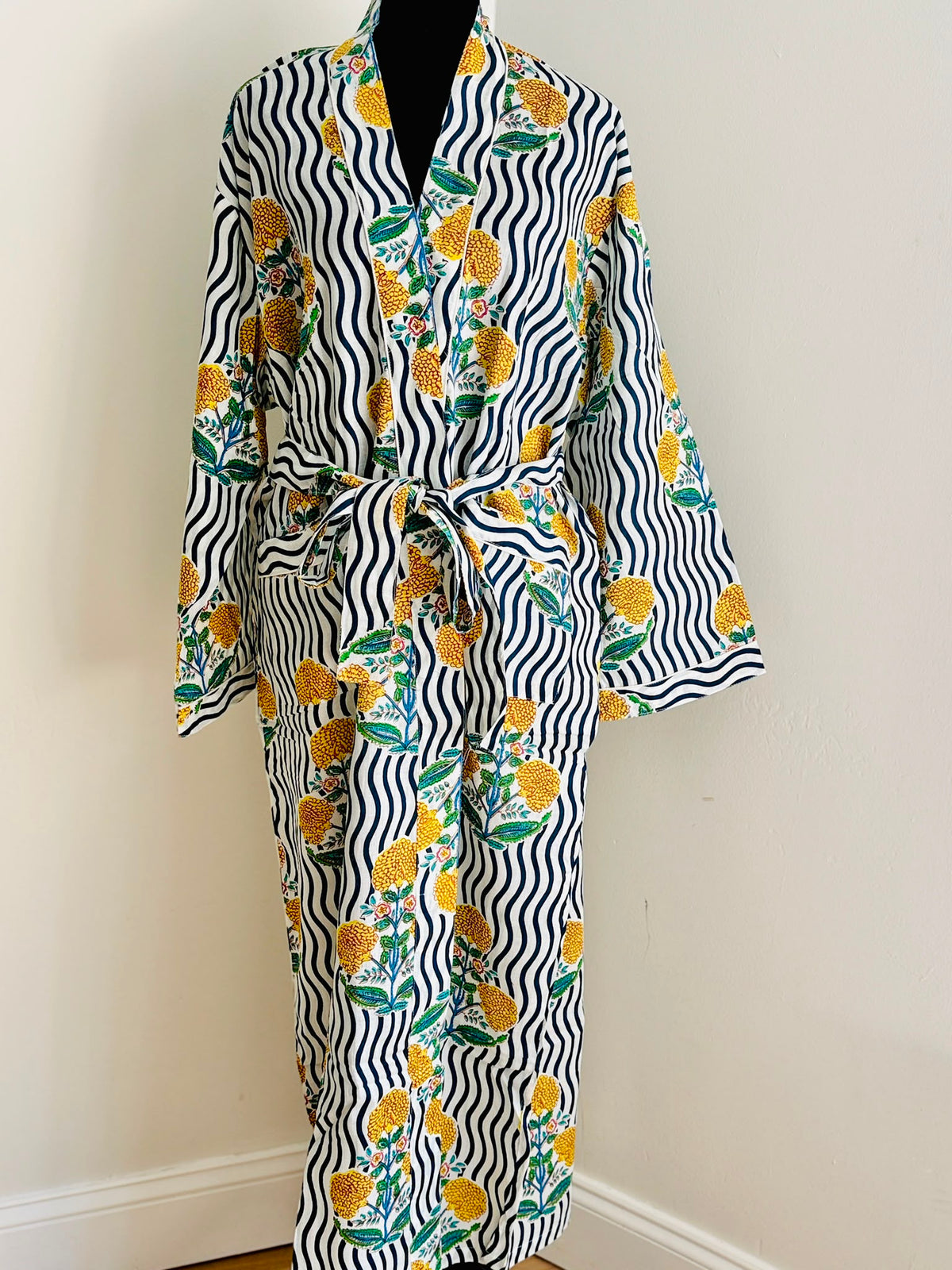 Yellow Marigold Floral Print Cotton Kimono | Navy Wavy Stripe Block Spa Robe & Resort Wear