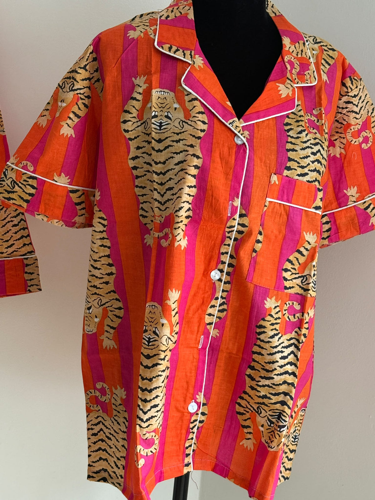 Orange & Pink Tiger Stripe Hand Block Print Cotton Pajama Set, Short Sleeve Nightwear & Loungewear, Christmas Gift for Her