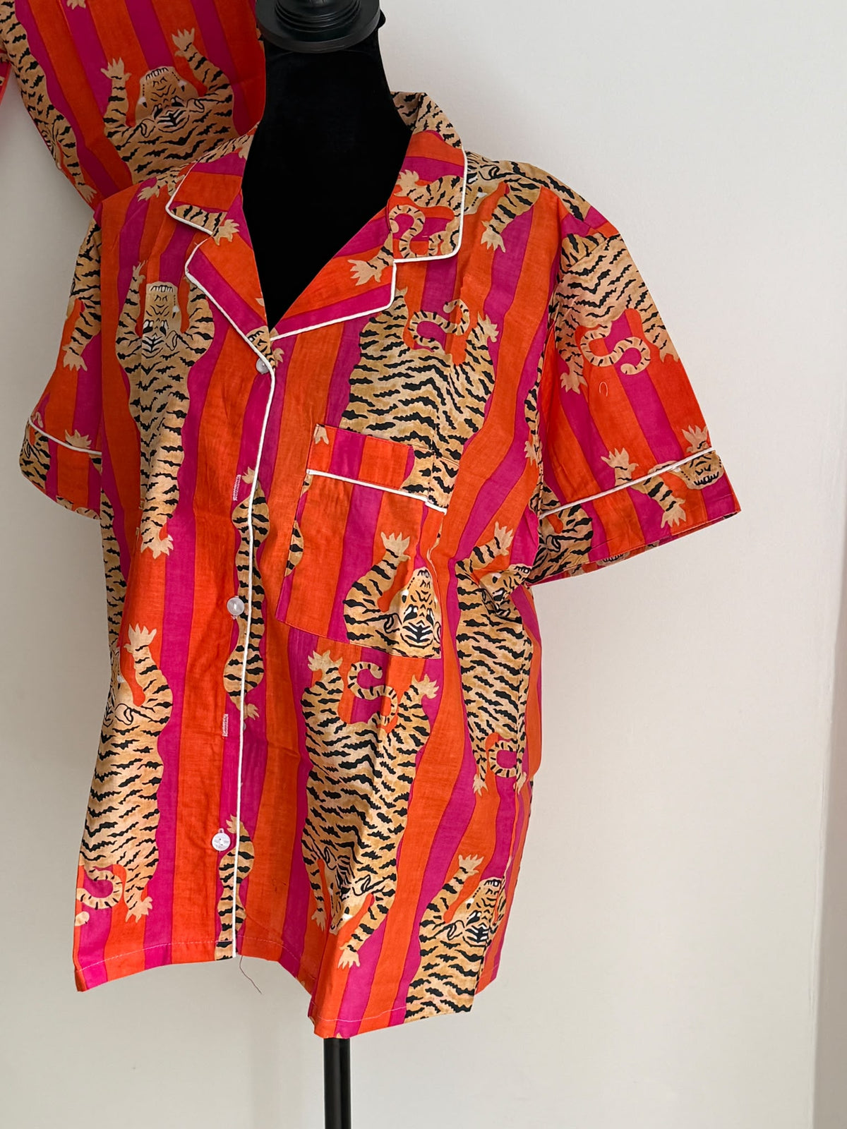 Orange & Pink Tiger Stripe Hand Block Print Cotton Pajama Set, Short Sleeve Nightwear & Loungewear, Christmas Gift for Her