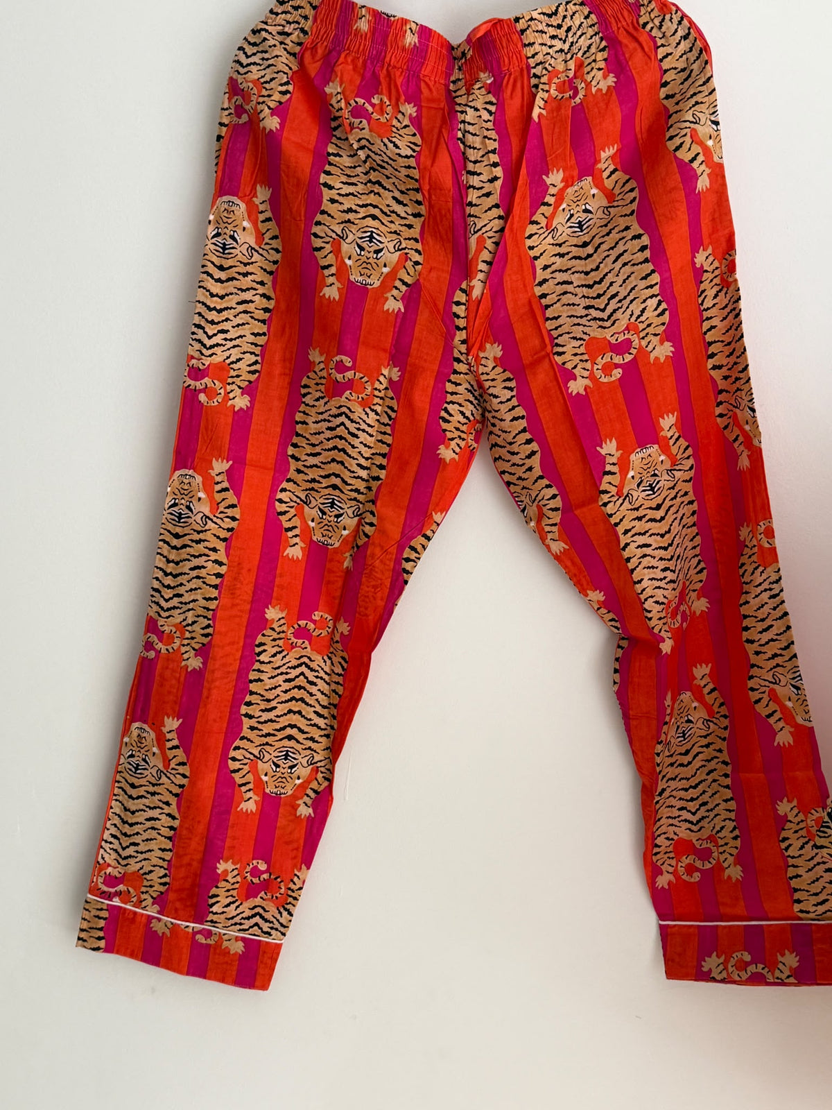 Orange & Pink Tiger Stripe Hand Block Print Cotton Pajama Set, Short Sleeve Nightwear & Loungewear, Christmas Gift for Her