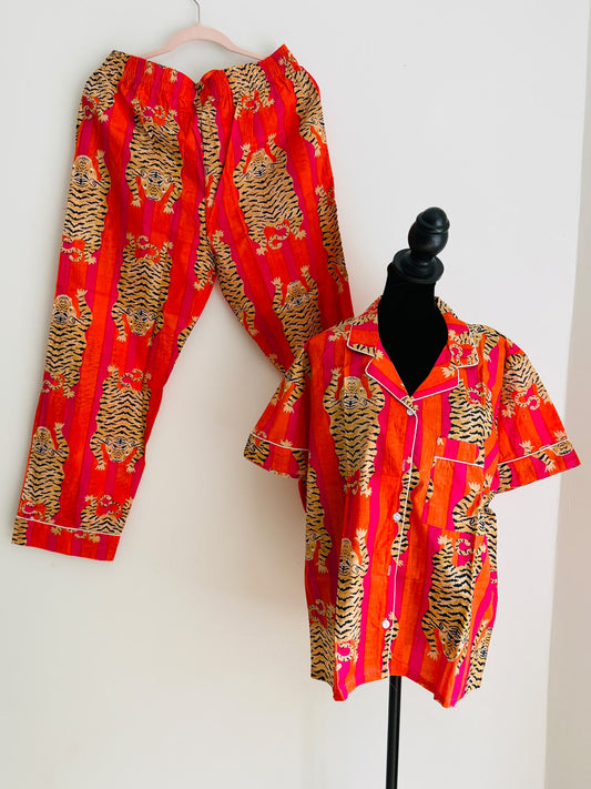 Orange & Pink Tiger Stripe Hand Block Print Cotton Pajama Set, Short Sleeve Nightwear & Loungewear, Christmas Gift for Her