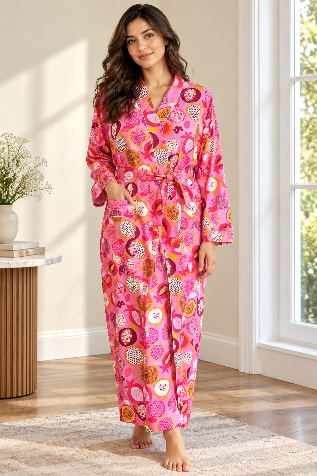 Hot Pink Block Printed Cotton Kimono | Pomegranate Fruit Motif Lounge Robe & Sleepwear