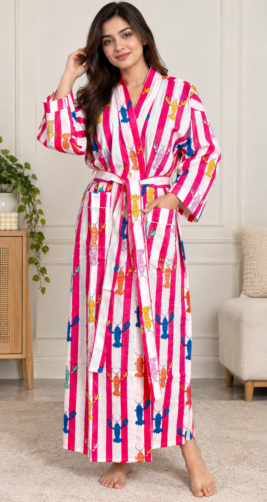 Hot Pink & White Striped Cotton Kimono | Multi-Colored Lobster Motif Lounge & Spa Robe