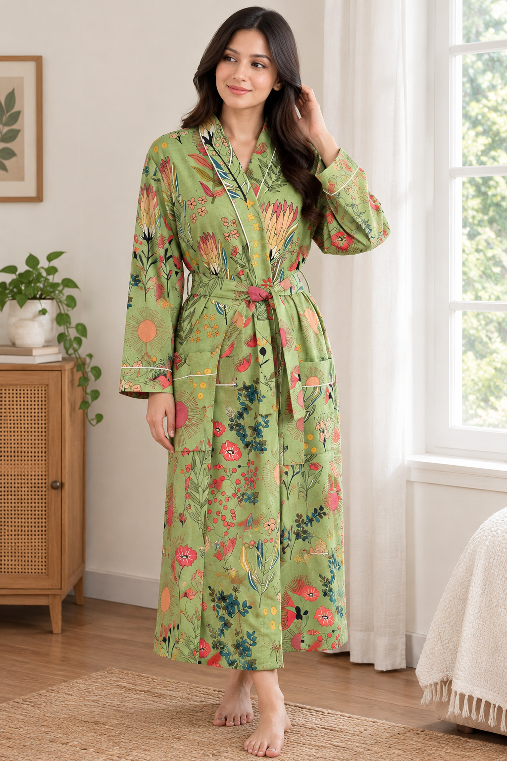 Handcrafted Block Print Cotton Kimono Robe | Sage Green Botanical Wildflower Lounge Robe | Spa & Sleepwear