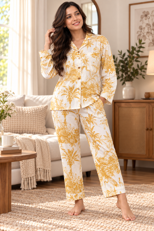 Mustard Yellow Tiger & Jungle Toile Print Cotton Pajama Set, Wild Safari Sleepwear & Loungewear