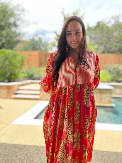 Tiger Block Printed Midi Dress - Orange
