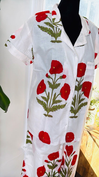 Short Sleeved Long PJ Set in Red Florals