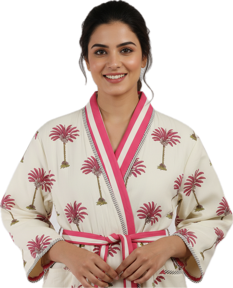 PINK PALM TREE QUILTED HANDMADE ROBE