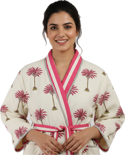 PINK PALM TREE QUILTED HANDMADE ROBE