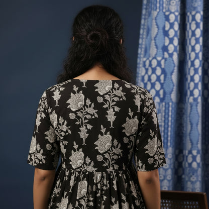 Black Floral Hand block print Midi Dress