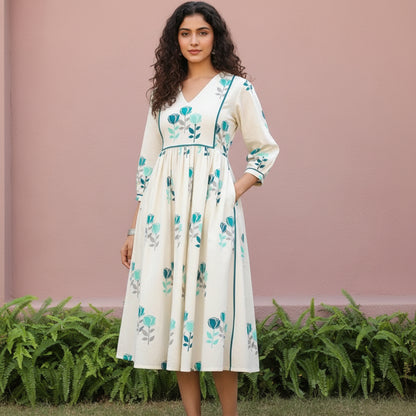 Block Printed Midi Dress with Belt