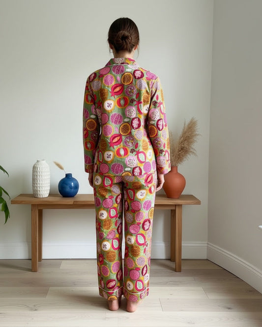 Green & Pink Pomegranate Fruit Print Cotton Pajama Set, Whimsical Tropical Sleepwear & Lounge Apparel