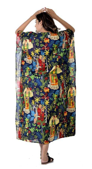 Frida Kahlo Cotton Kaftan in Black