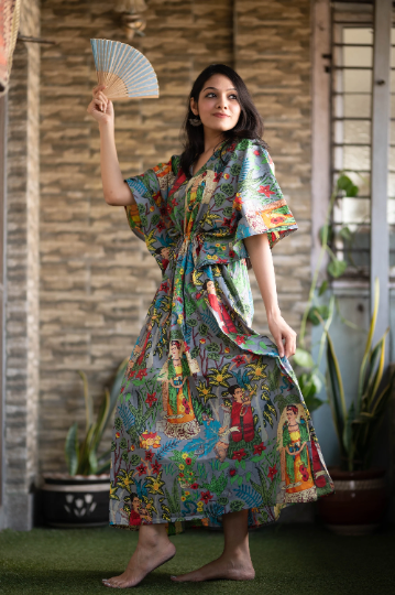 Frida Kahlo Cotton Kaftan in Grey