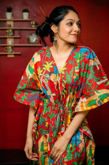 Frida Kahlo Cotton Kaftan in Red
