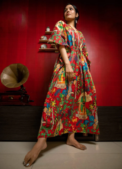 Hand Block Print Frida Kahlo Cotton Kaftan