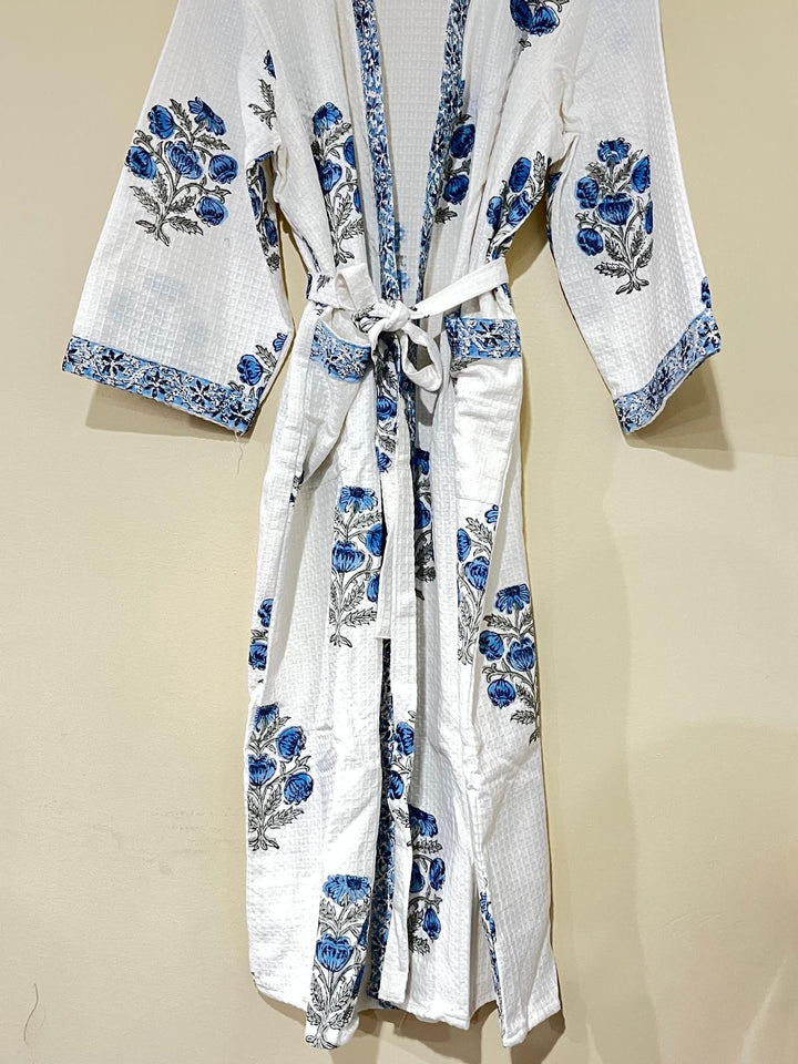 White & Blue Block Printed Quilted Kimono Robe