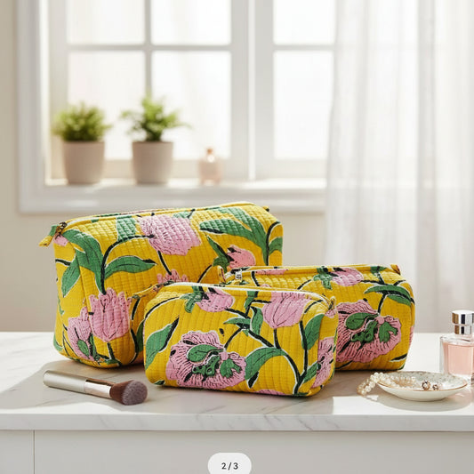 Bright Yellow Floral Cosmetic Bag Set of 3