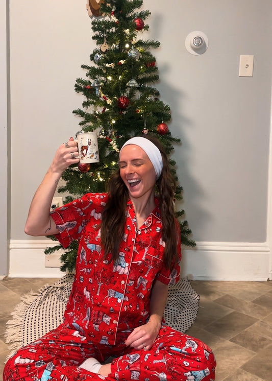 Red Festive Winter Forest & Reindeer Block Print Cotton Pajama Set, Holiday Sleepwear & Loungewear, Christmas Gift